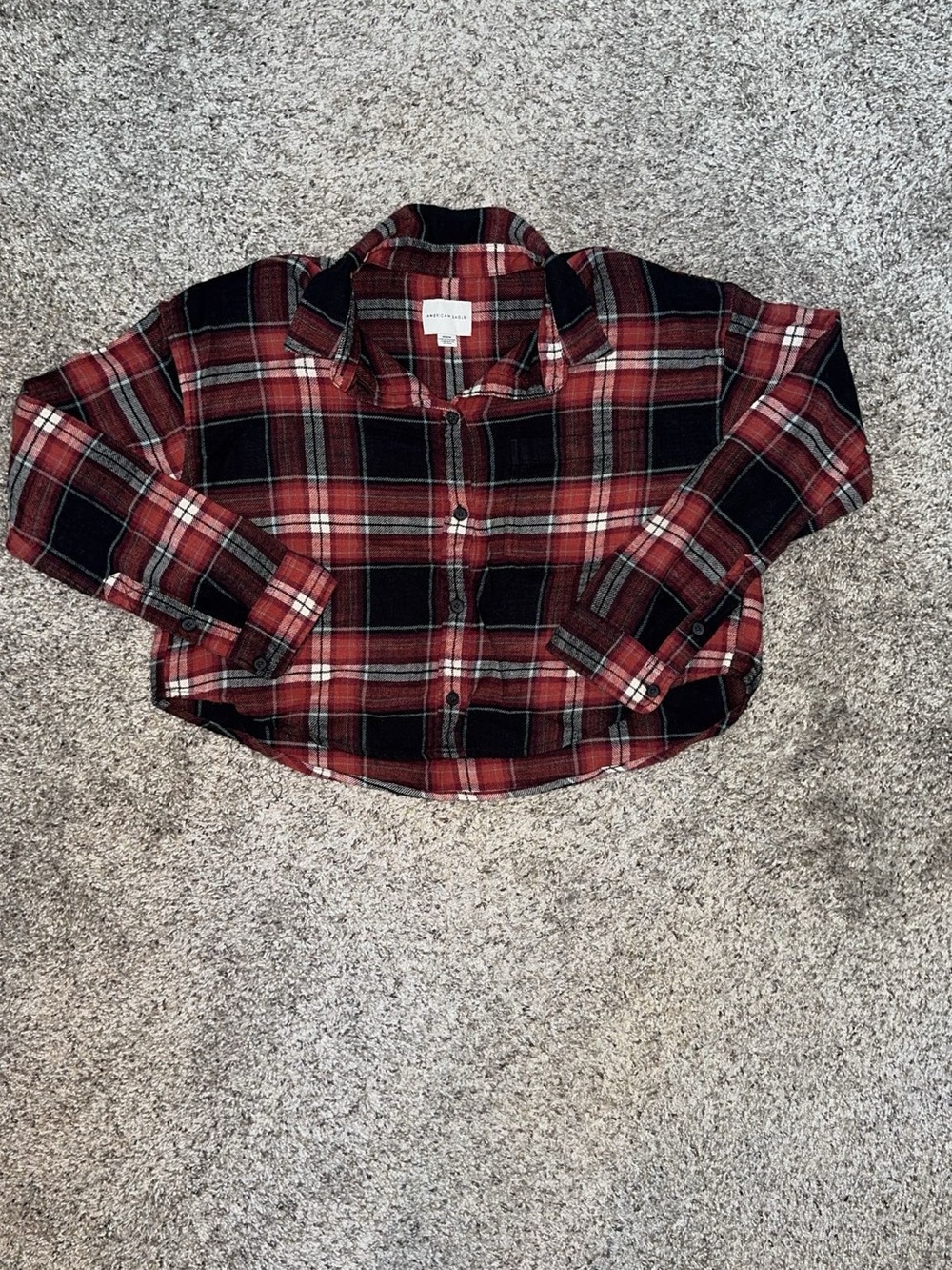 American Eagle Outfitters Red and Black Plaid Button-Up Shirt